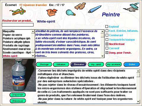 Visuel d'un �cran listant les diff�rents produit et mat�riaux utilis�s par ce m�tier